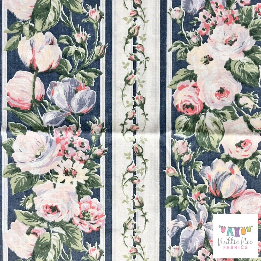 2 Vintage King size Pillowcases, Navy striped floral, Lady Pepperell